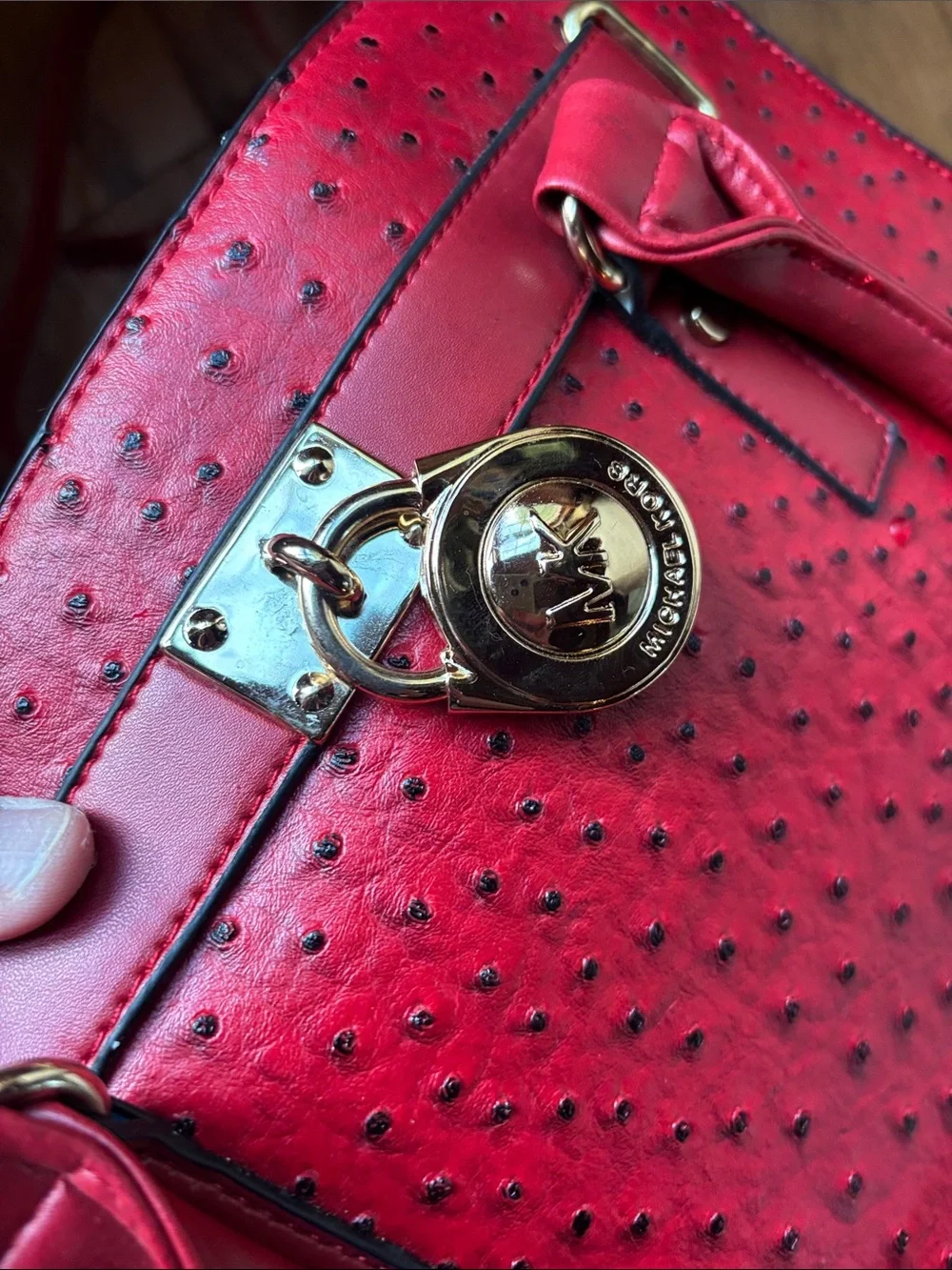Red Fauxe-Ostrich MK Satchel Handbag with Gold Accent
